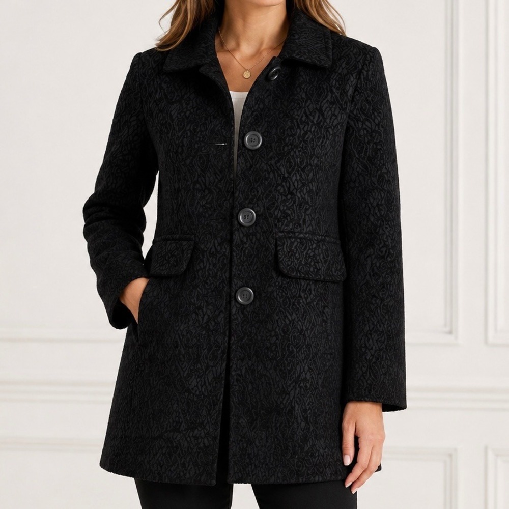 Giacca‎ Black Textured Jacquard Coat Jacket Quilted Lined M Elegant Evening